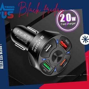 4-Port Car Charger designed to charge multiple devices simultaneously. It featur
